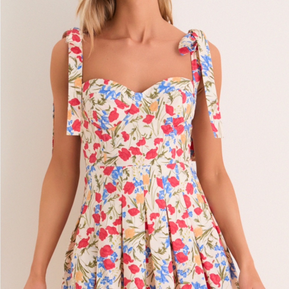 Tuckernuck Cream Floral Tie-Shoulder Mini Dress with Red & Blue Blooms